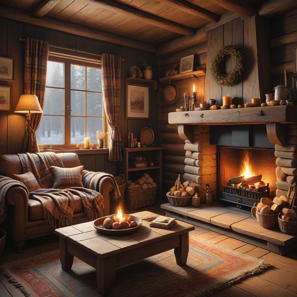 Cozy Cabin Interior Oil Painting with Fireside Glow