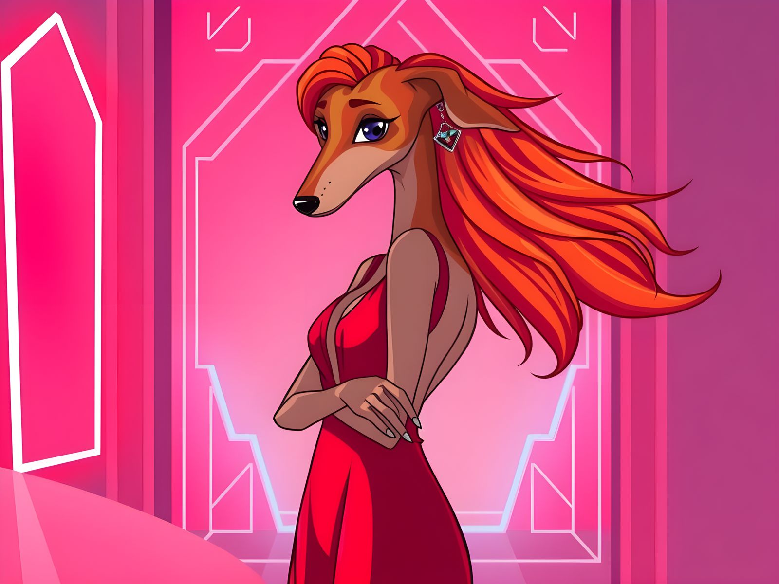 Anthropomorphic Greyhound in Retro Room, Digital Illustratio...