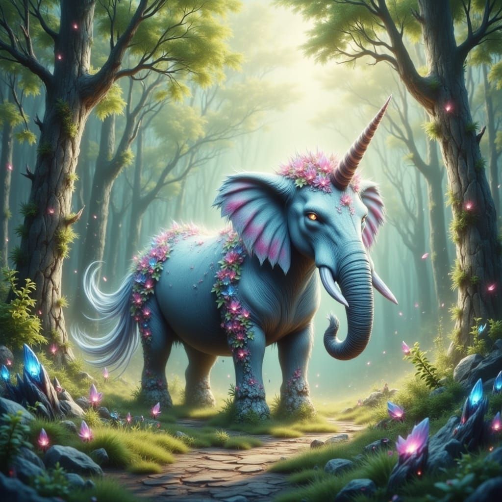 Majestic Unicorn-Elephant Hybrid in Lush Forest