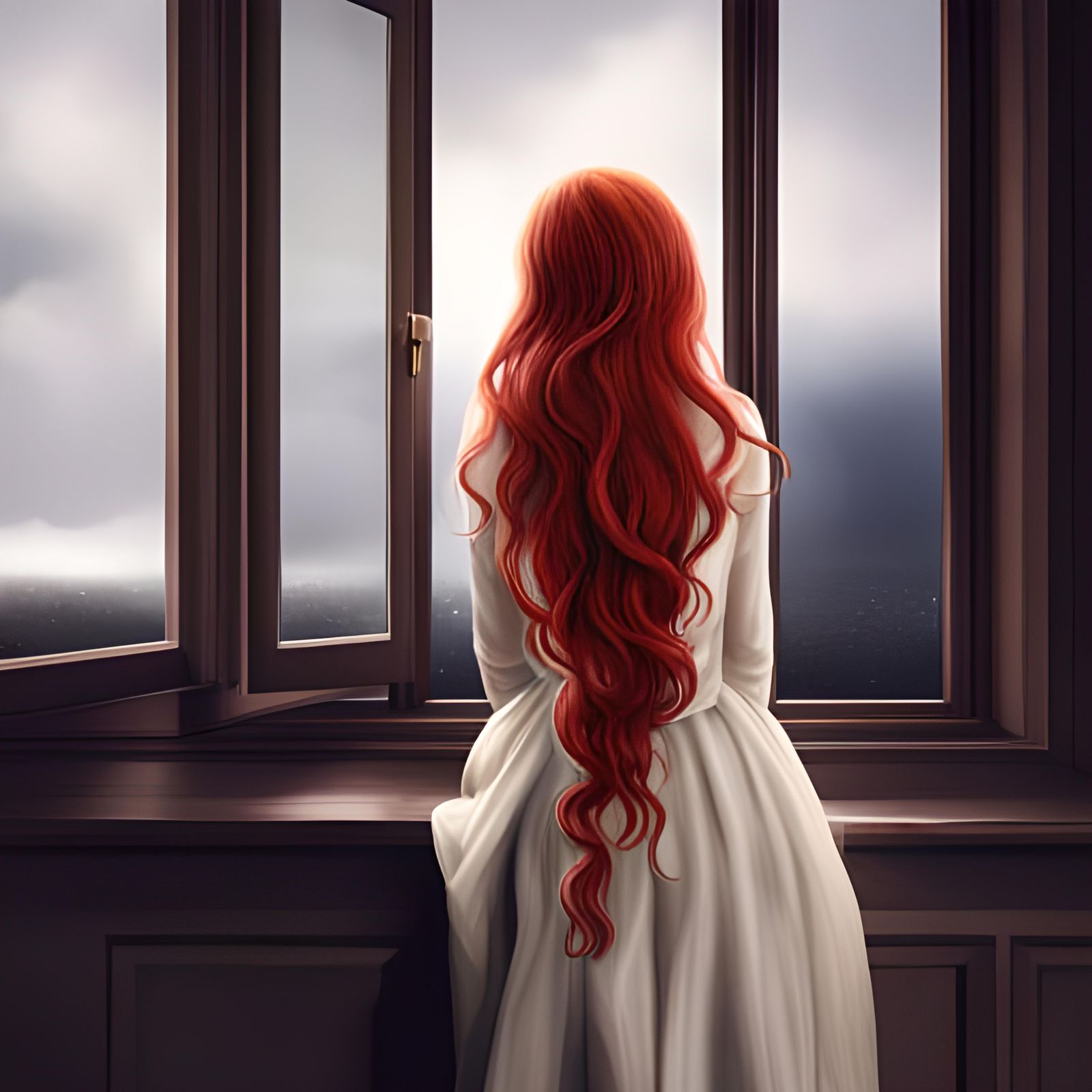 Woman at Window Sees Fairies, Art Nouveau Style