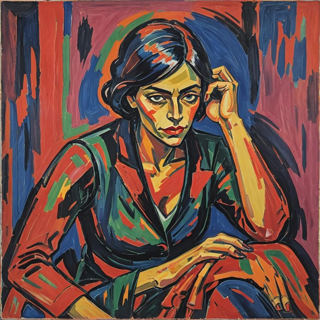 Expressionist Portrait of Seated Woman in Gouache