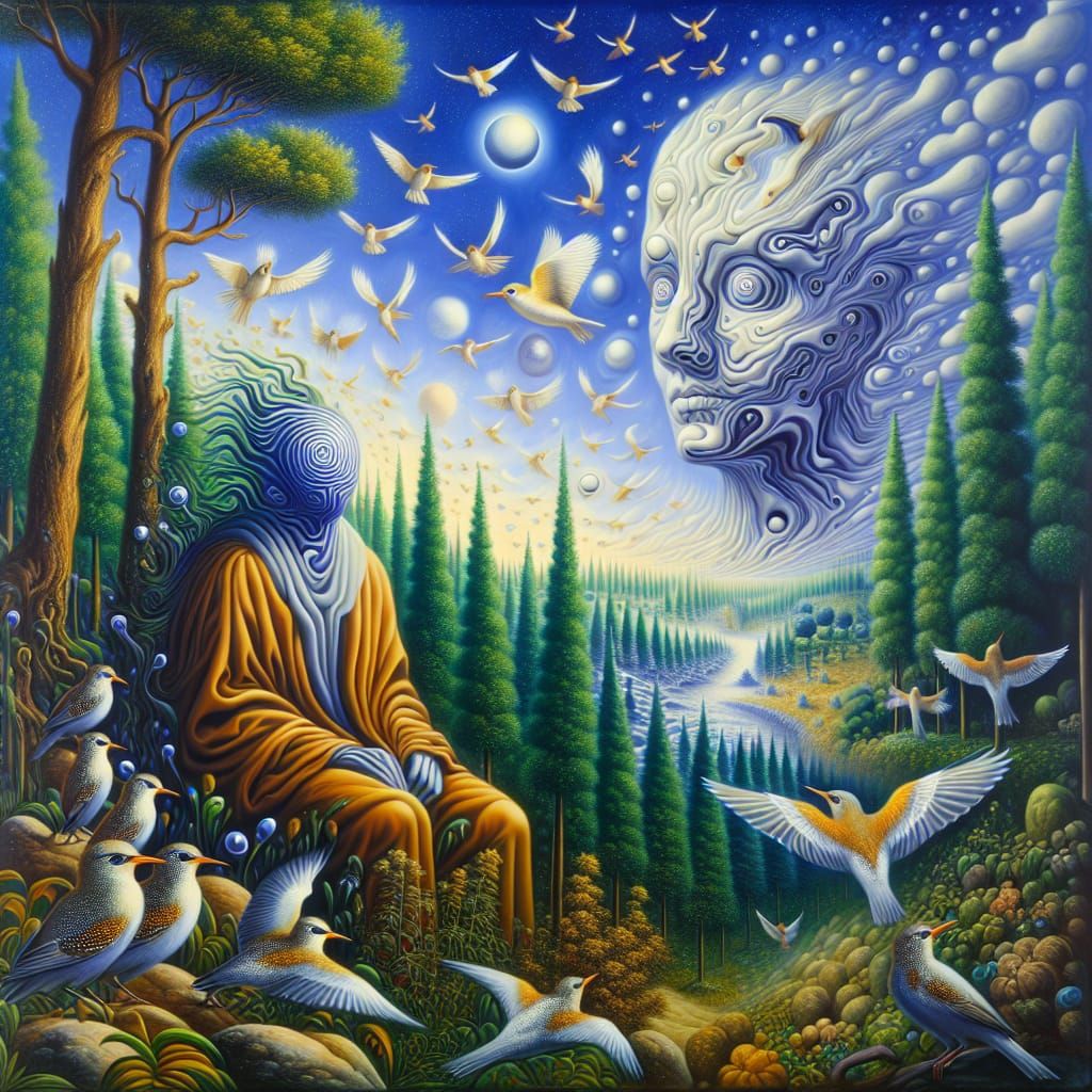 Celestial Figure in Surreal Forest, Oil Painting
