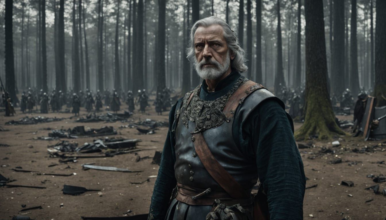 Regal Warrior Stands Amidst 16th Century Battlefield Ruins