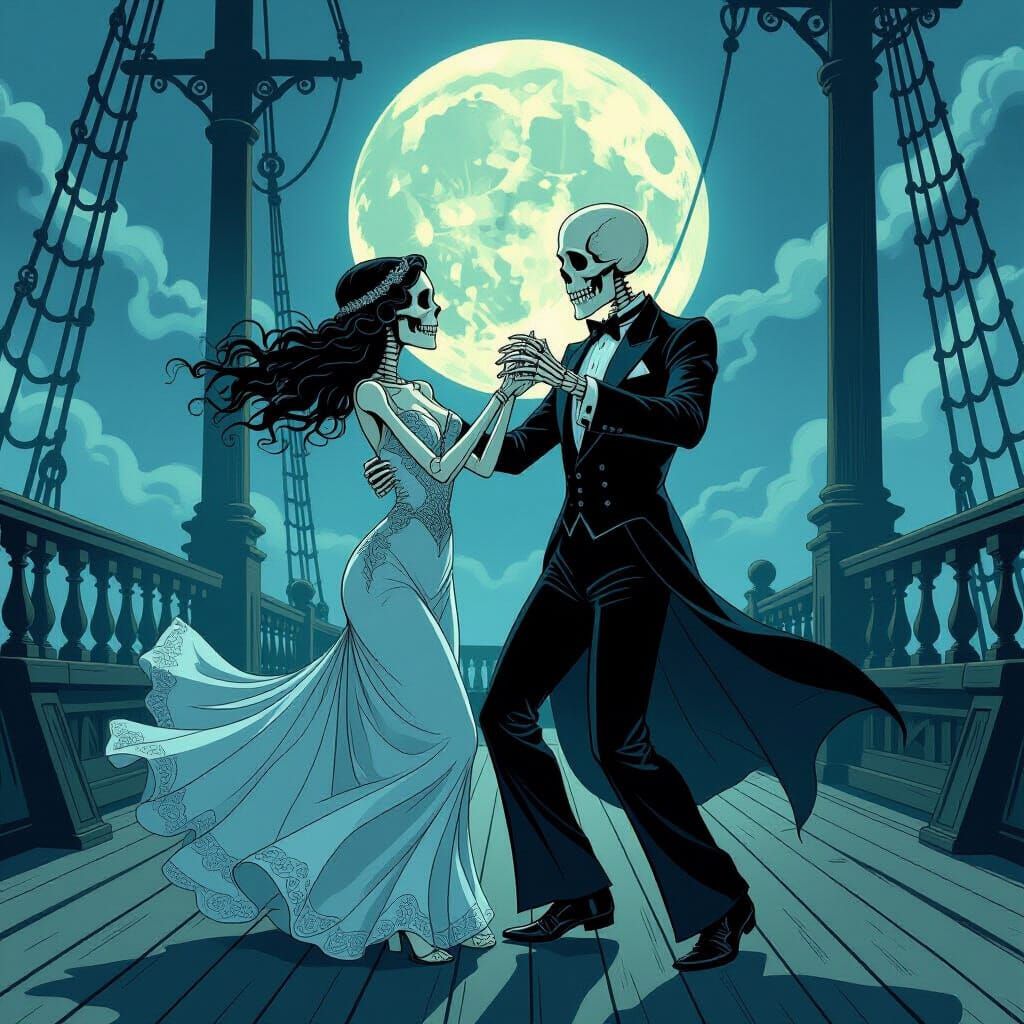 Skeletons Tangoing on a Ghost Ship Deck in Art Nouveau Style