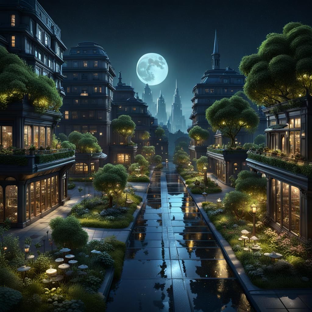 Night Cityscape with Glass Buildings and Rooftop Gardens