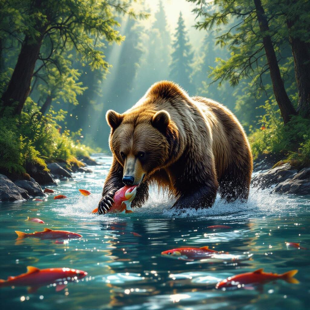 Grizzly Bear Salmon Catch in Hyperrealistic Style