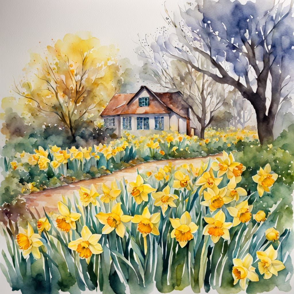 Daffodils in Vibrant Watercolor Style