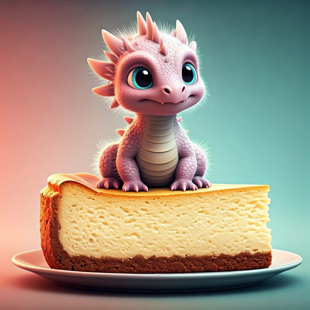 Adorable Pink Dragon on Cheesecake: 3D Digital Art