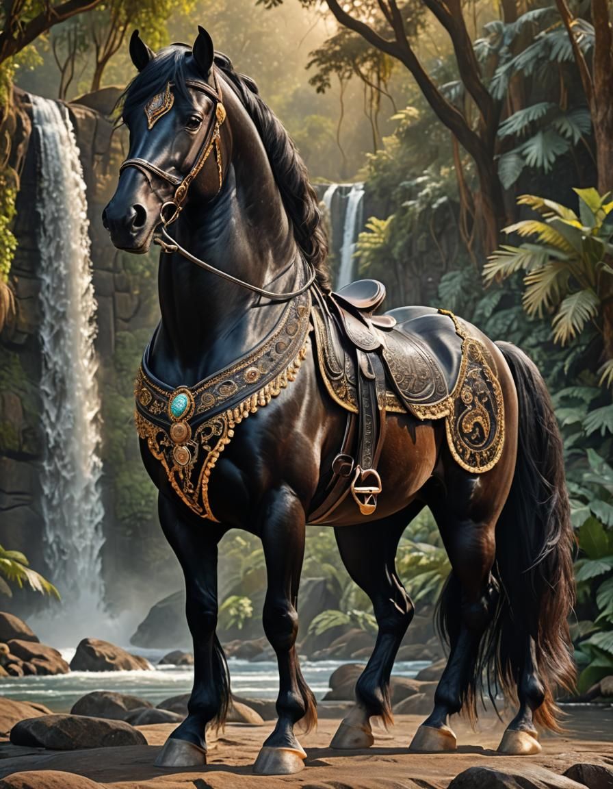 Black Arabian Stallion in Jungle, Hyperrealistic Image