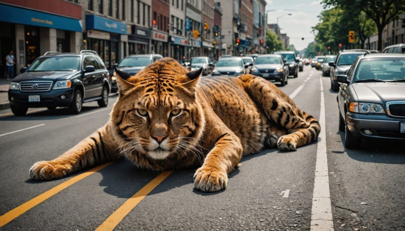 Colossal Cat Rests on Highway, Cars Weave Around It