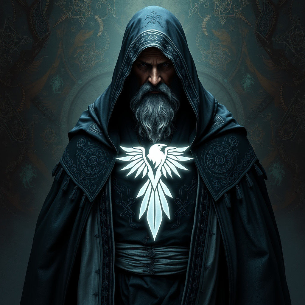 Ethereal Wizard in Black and White Robes with Raven Sigil