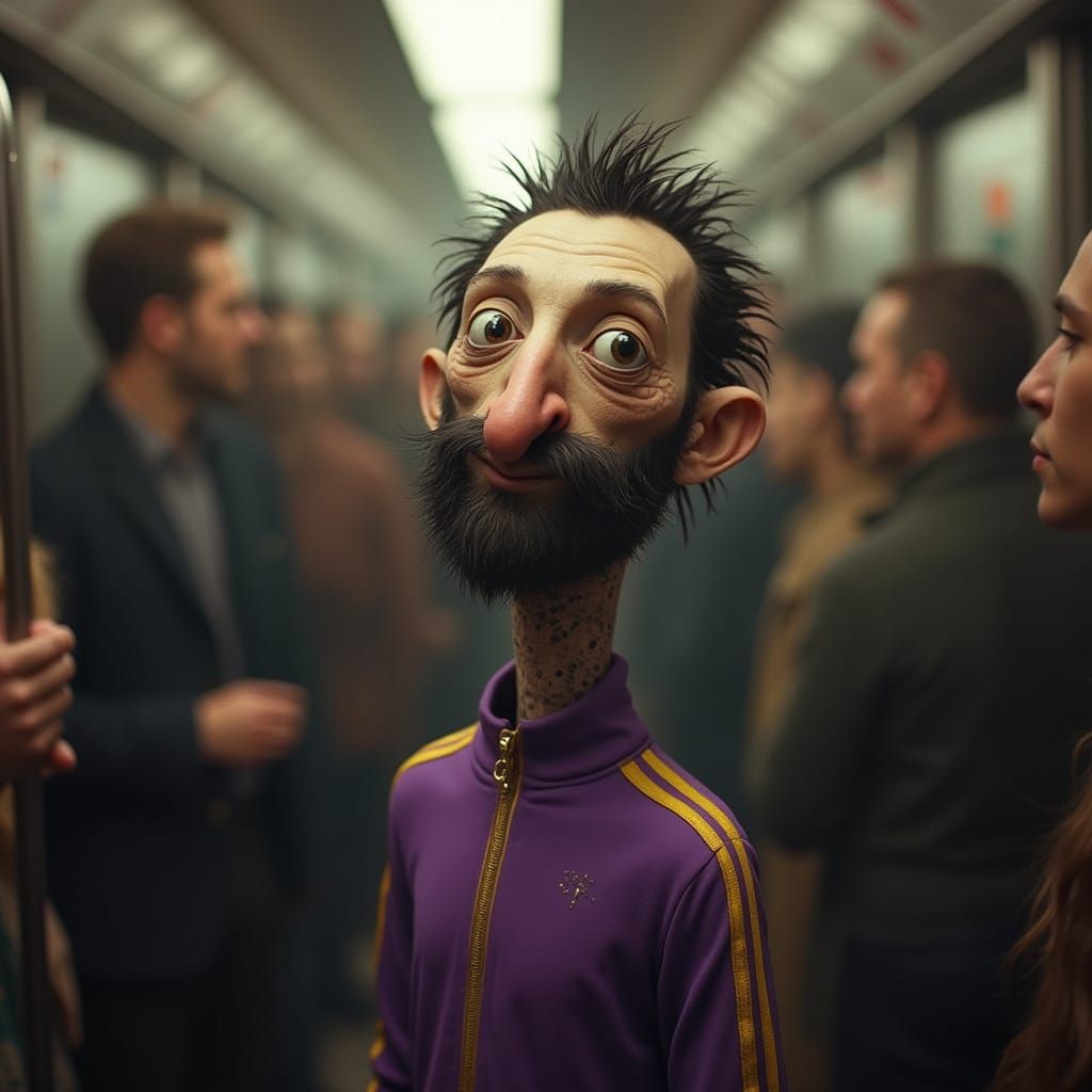 Little Man with Long Neck in Eerie Subway