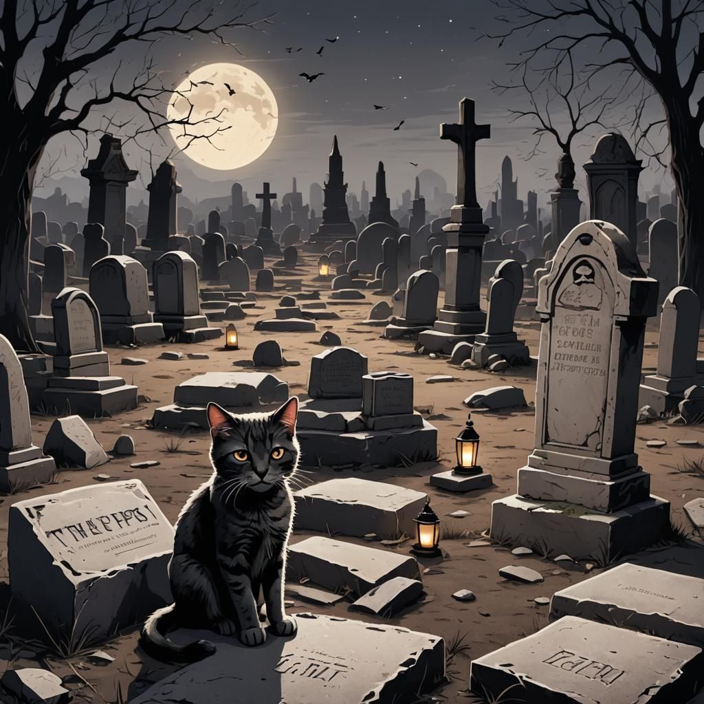 Sorrowful Cat in Moonlit Cemetery, Watercolor Art