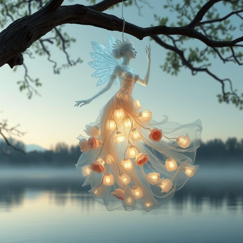Ethereal Dancing Figurine Above Serene Lake