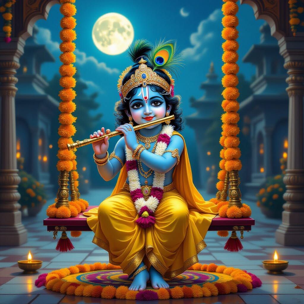 Child Krishna on Janmashtami Night: Hyperrealistic Digital A...