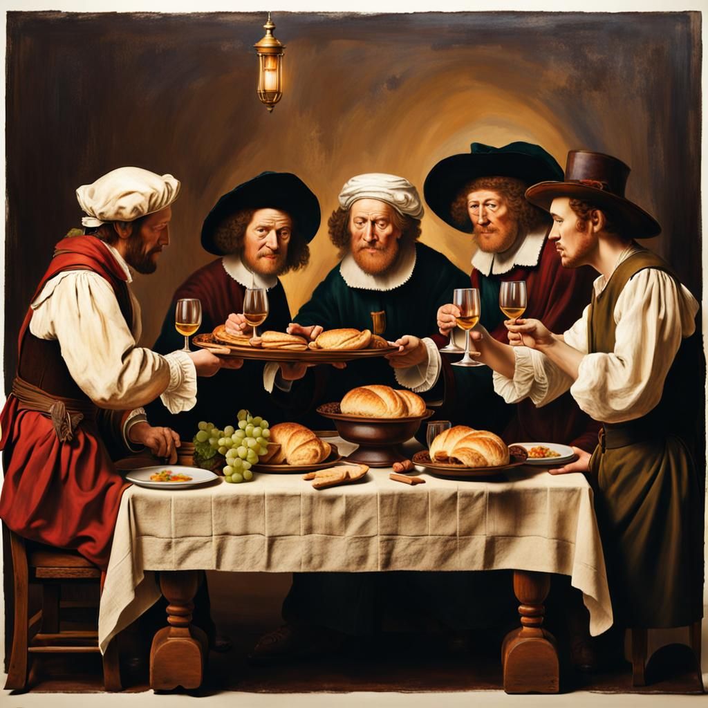 Friends Breaking Bread, in the Style of Rembrandt