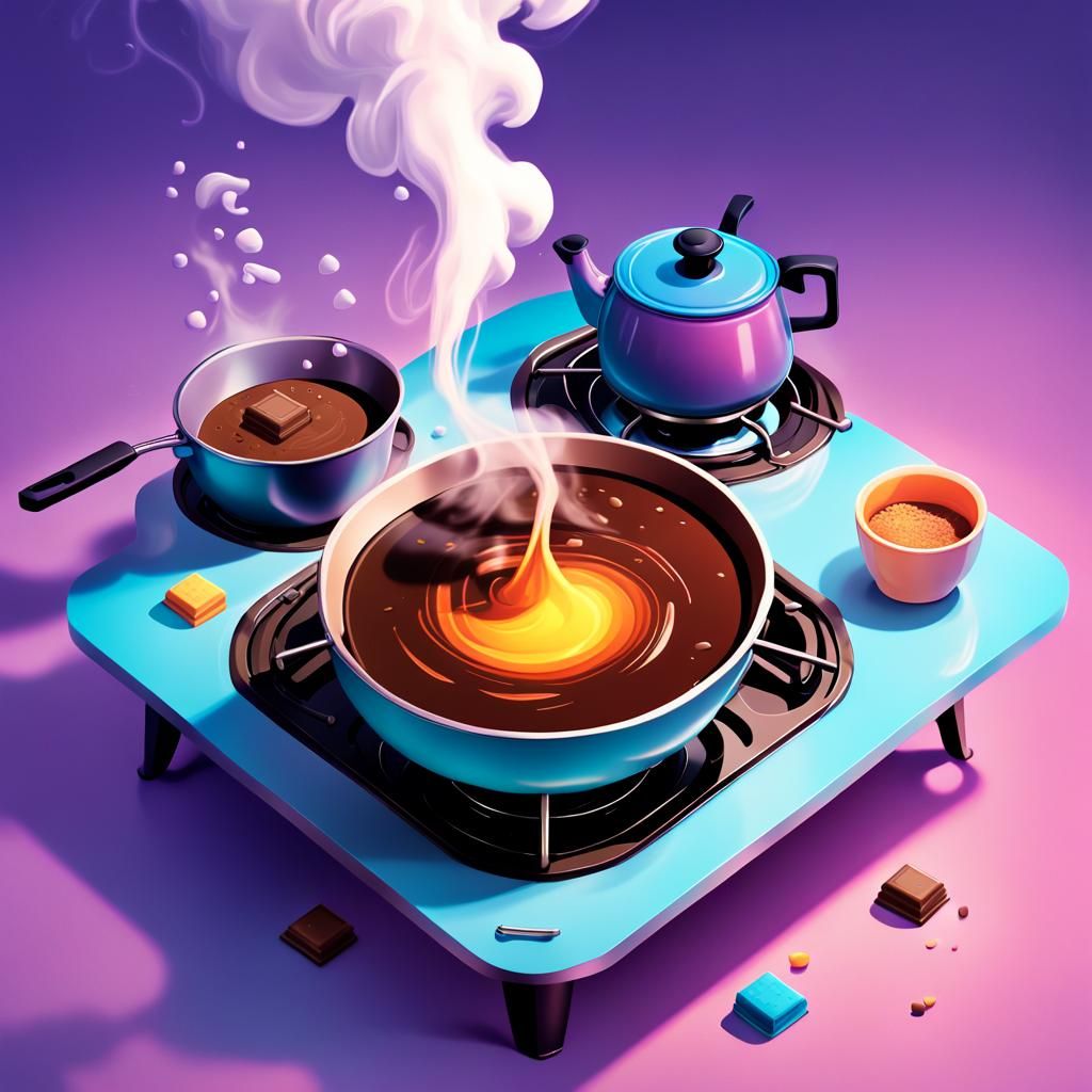 Isometric Stove Boils Chocolate: Pixar-Inspired 2D Art