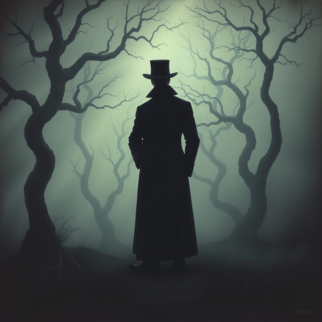 Surrealist Victorian Figure in a Misty, Twisted Landscape