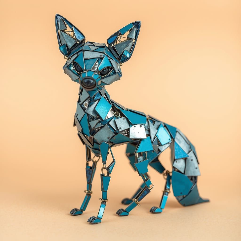 Blue Fox Sculpture Assembled from Metal and Glass