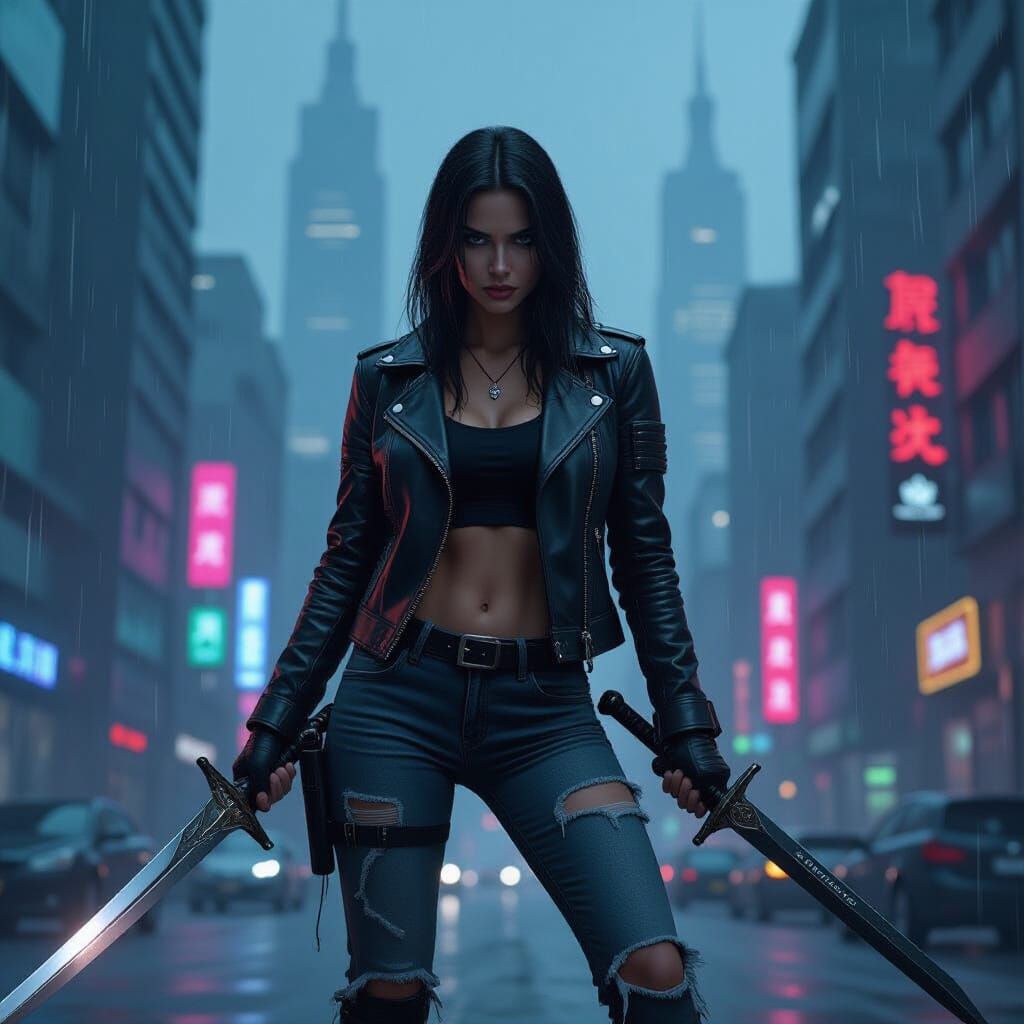 Angry Fae Warrior in Rainy Cyberpunk Cityscape