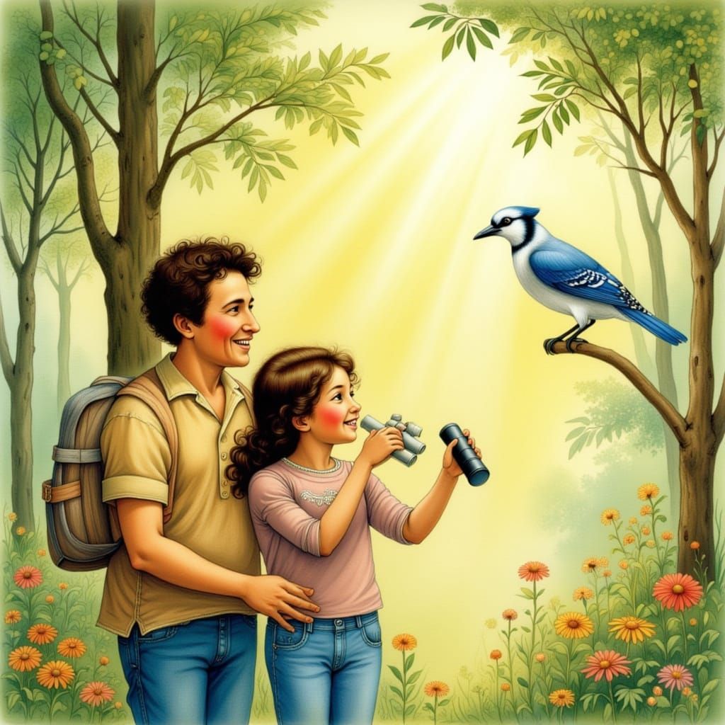 Father Teaches Daughter Bird Watching in Forest