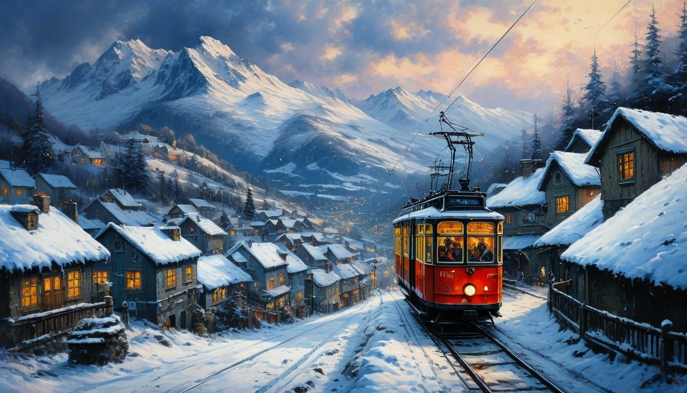 Snowy German Village Tram Ride: Impressionist Painting