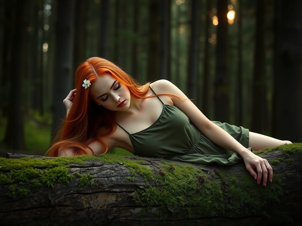 Auburn-haired Woman in Forest with Soft Lighting