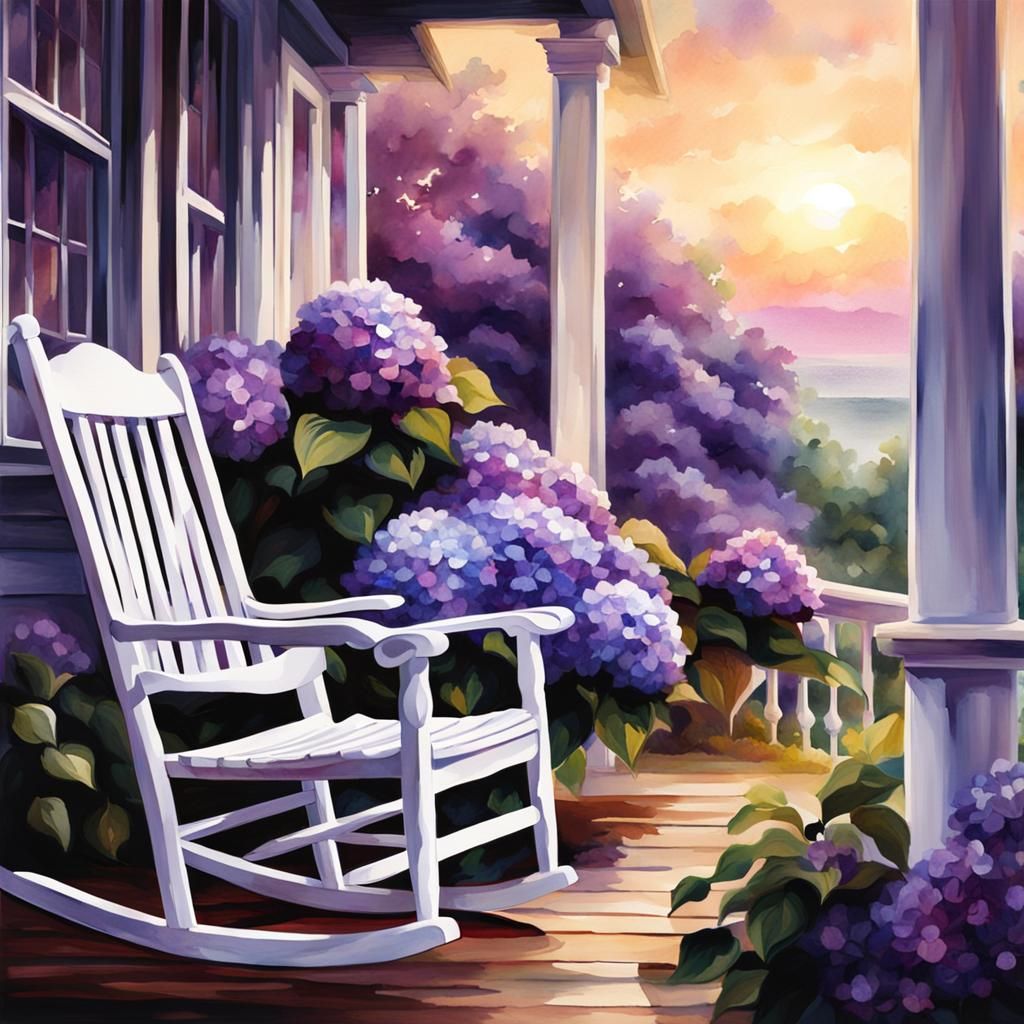 Watercolor Hydrangeas on Porch at Sunrise