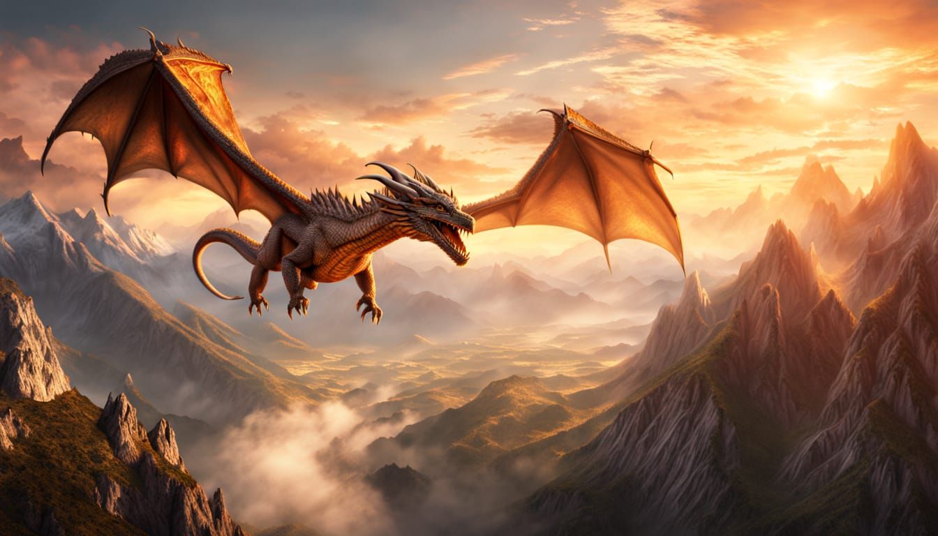 Dragon Soaring Over Mountainous Fantasy Landscape