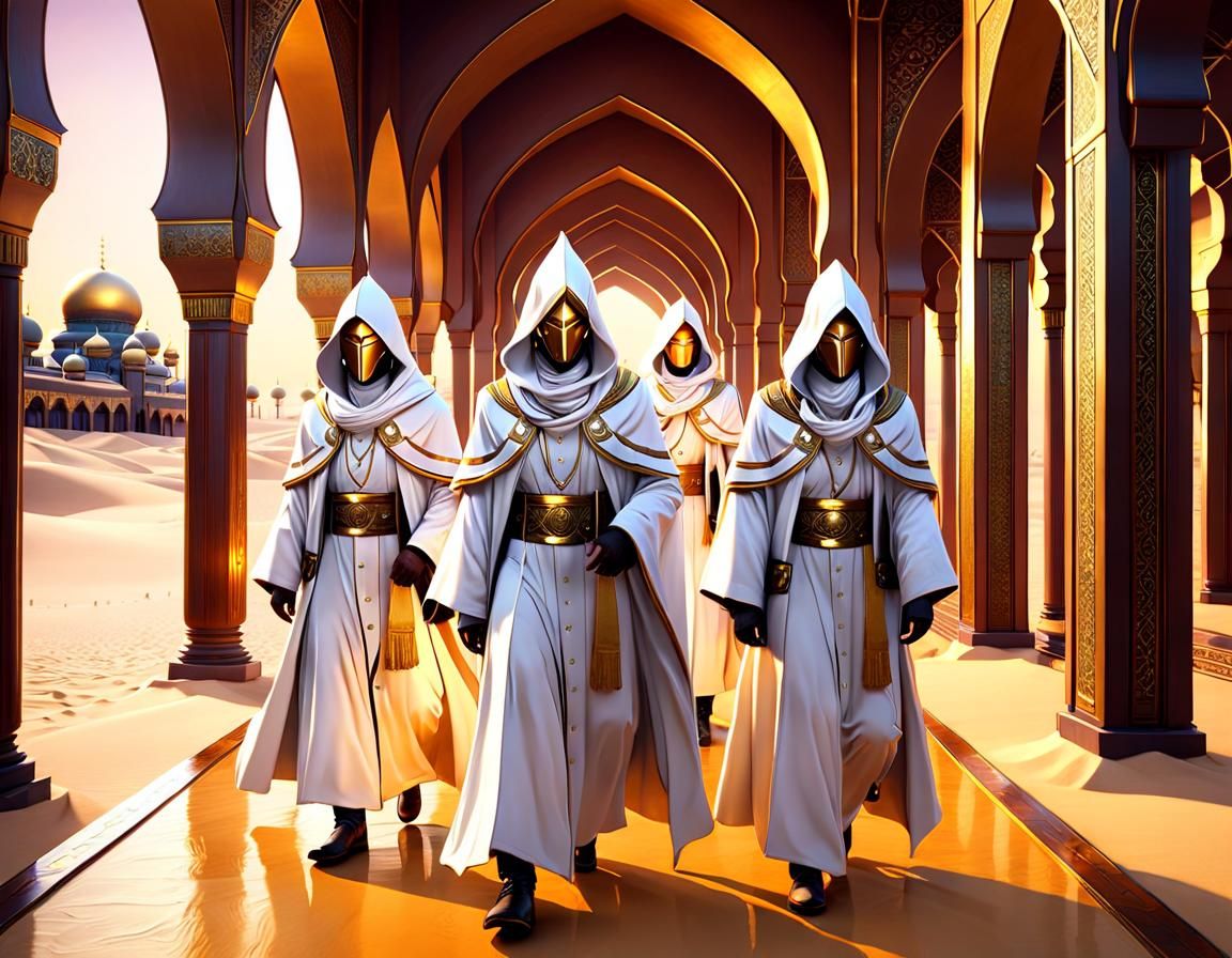 Twilight Procession of Hooded Priests in Mosque