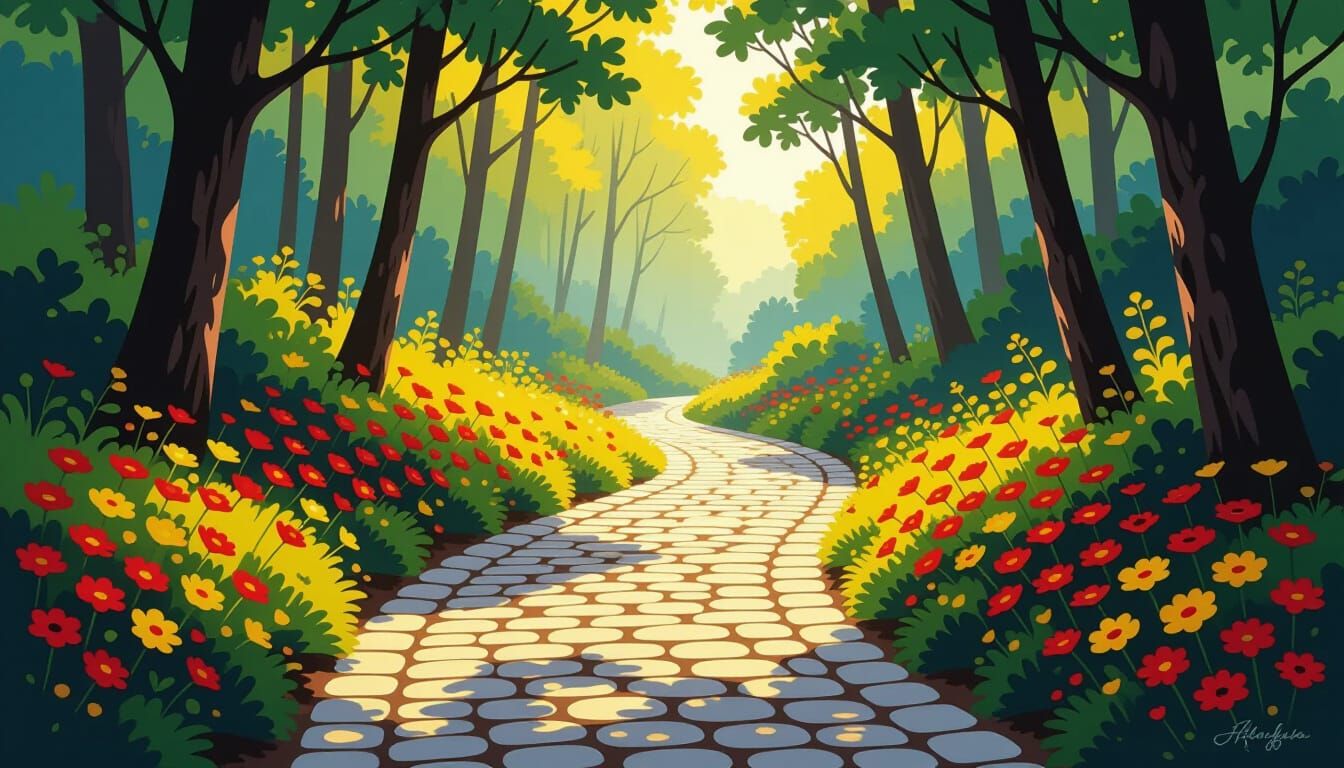 Winding Forest Path with Flowers in Alcohol Ink Style