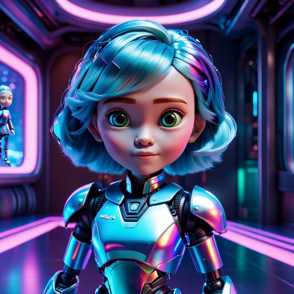 Futuristic AI Doll with Holographic Features as 3D Art