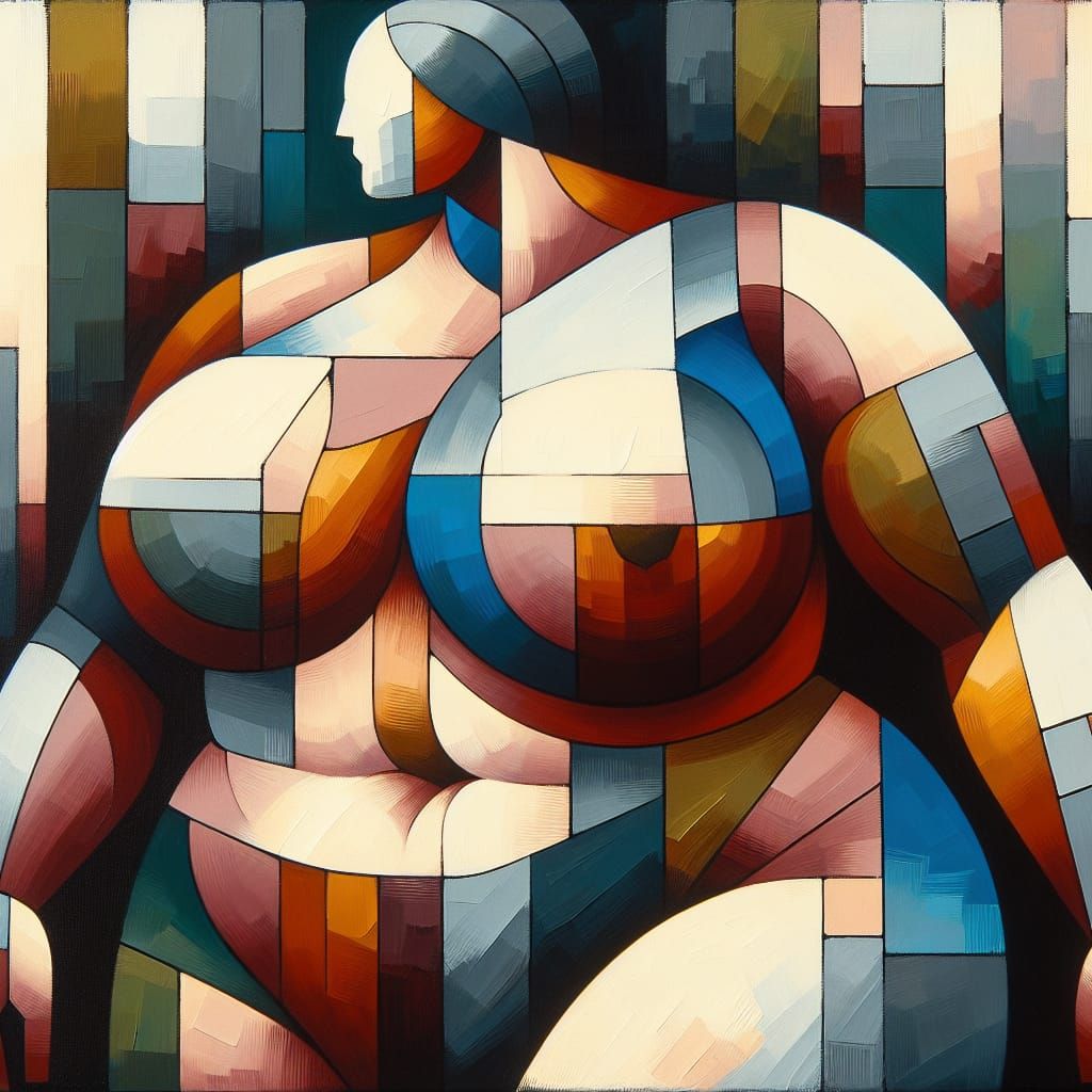 Cubist Painting of Voluptuous Woman in Oil