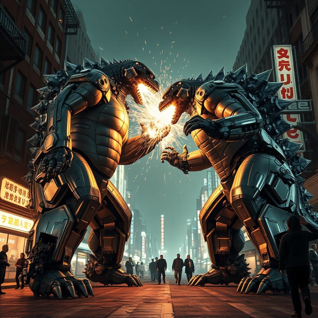 Mecha Godzilla and Mecha Godzilla battle in the 1950's Tokyo