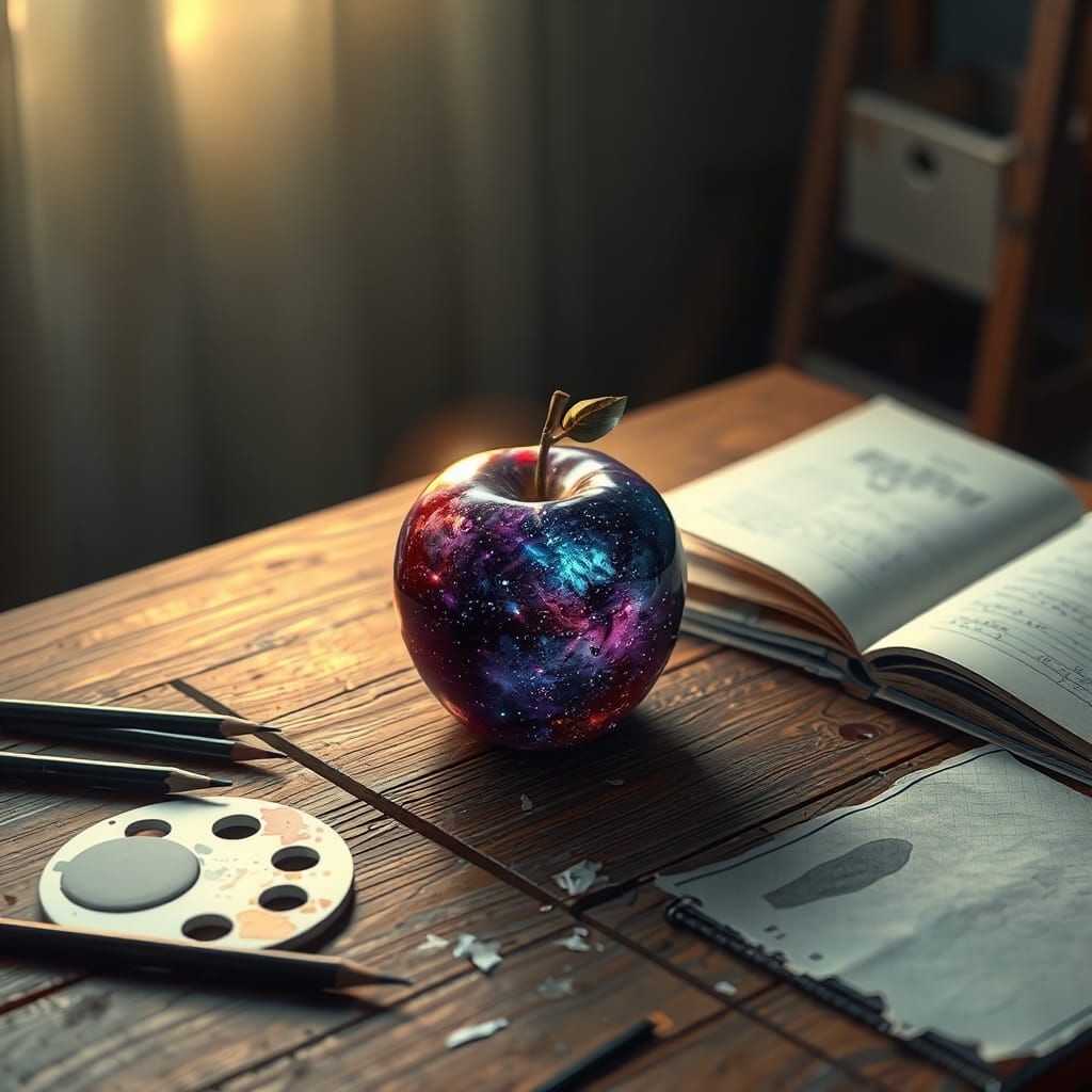 Galaxy Apple Still Life in Futuristic Anime Style