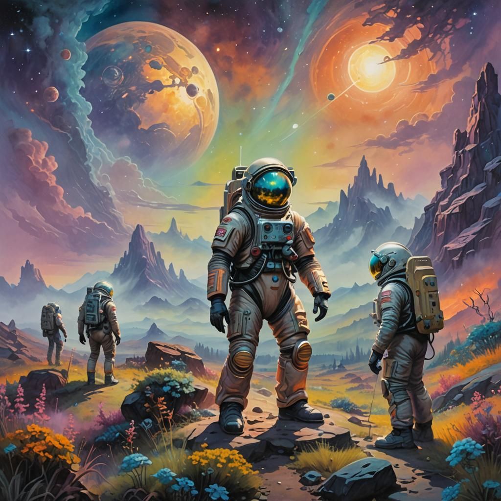 Astronauts Explore Misty Alien Planet in Gouache Style
