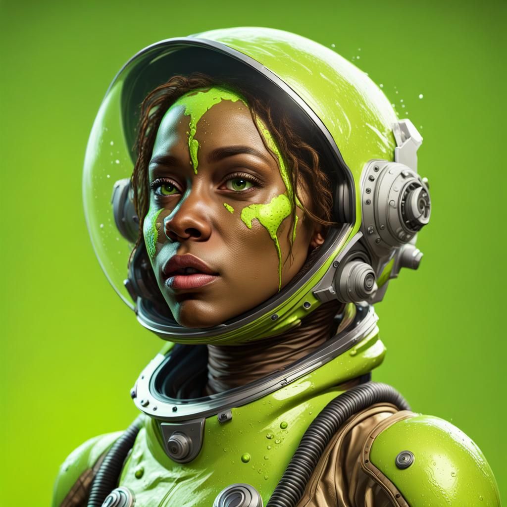 Pretty brown Martian in a lime green Martian suit, Hyperrealistic, splash art, concept art, mid shot, intricately detail...