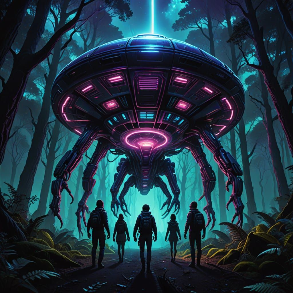 Aliens Abduct Humans in a Neon-Lit Forest