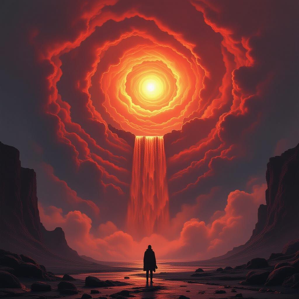 Surreal Crimson Waterfall Landscape in Dreamlike Style
