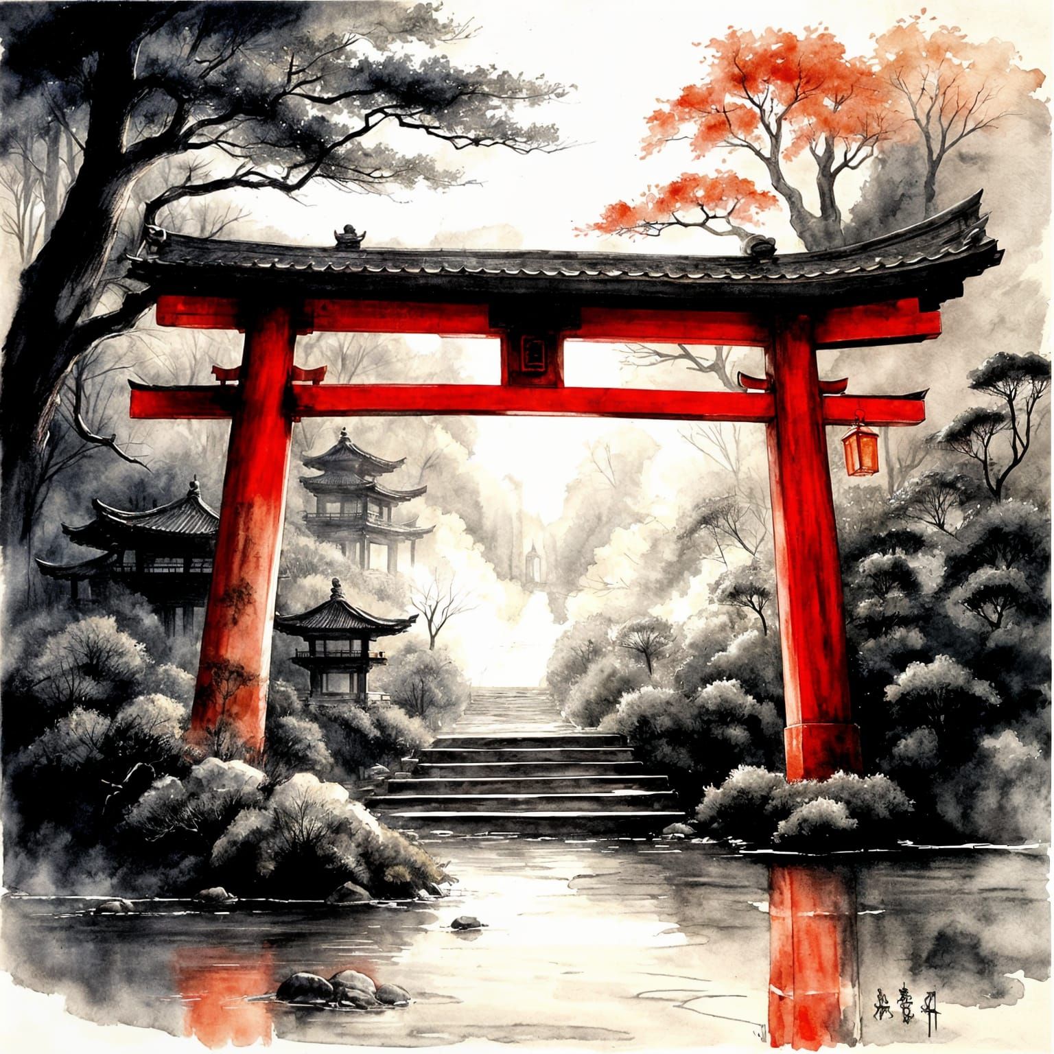 Mystical Japanese Stairway With Torii Gates in Watercolor