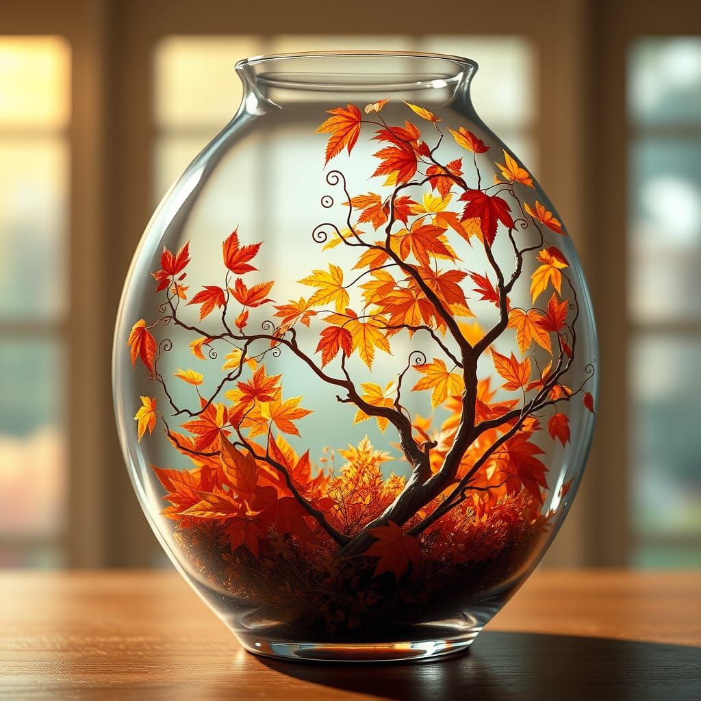 Autumn Landscape Inside Glass Vase: Realistic 3D Art