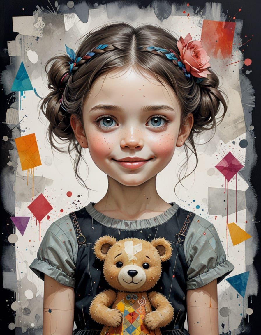 Girl with Teddy Bear in Surreal Collage