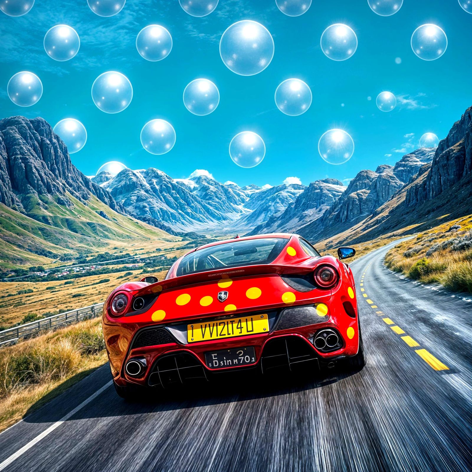 Polka Dot Ferrari Drives Through Scotland, Photorealistic