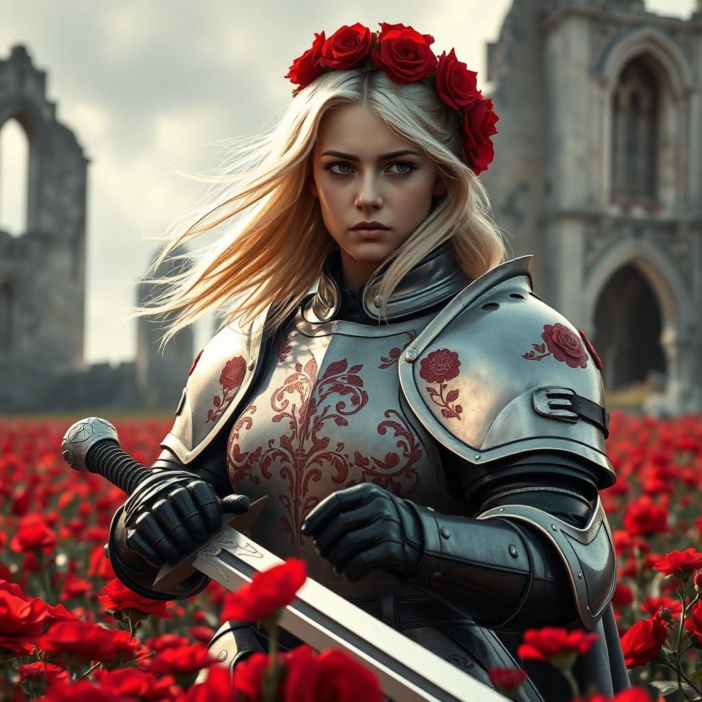 Warrior Maiden in Crimson Roses and Plate Armor