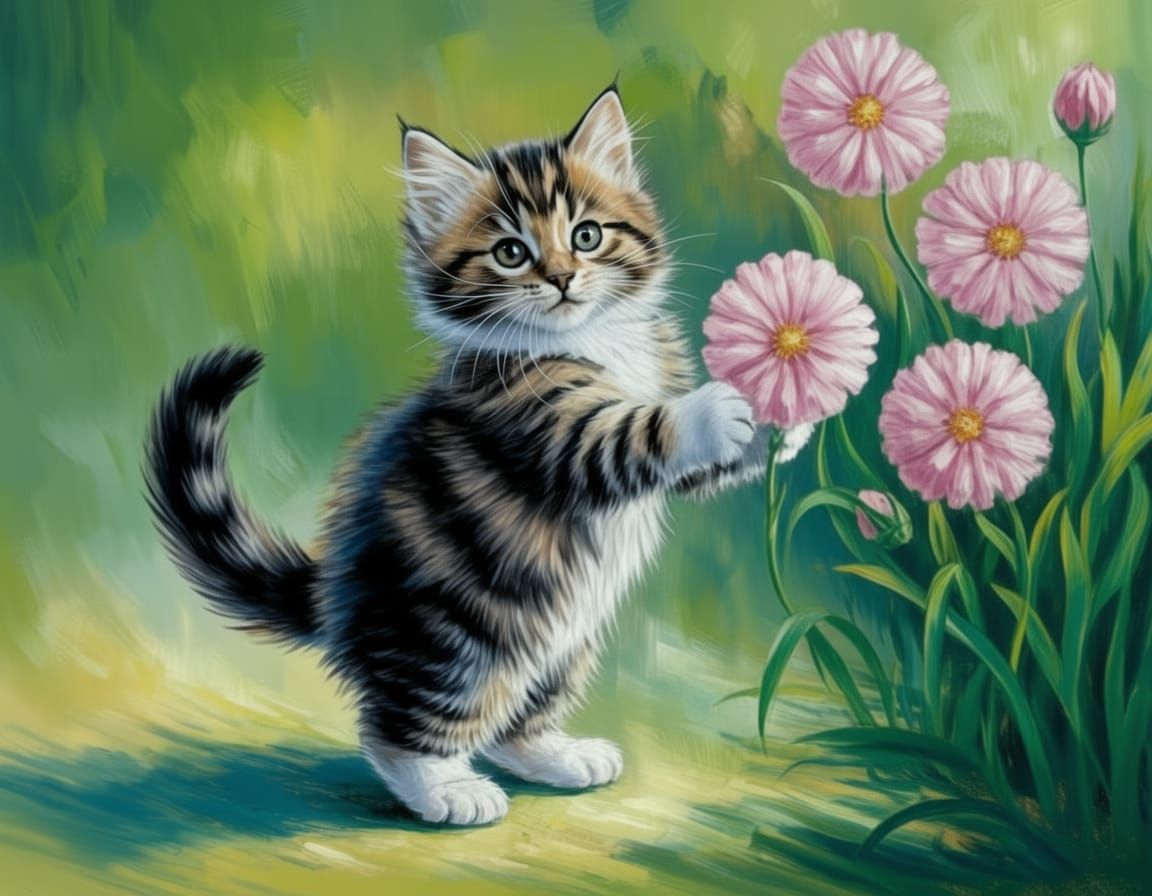 Fluffy Kitten Holds Pink Flower in Impressionist Painting