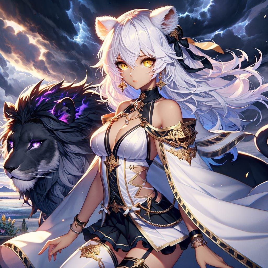Anime Girl with Tiger Ears and Fiery Lion