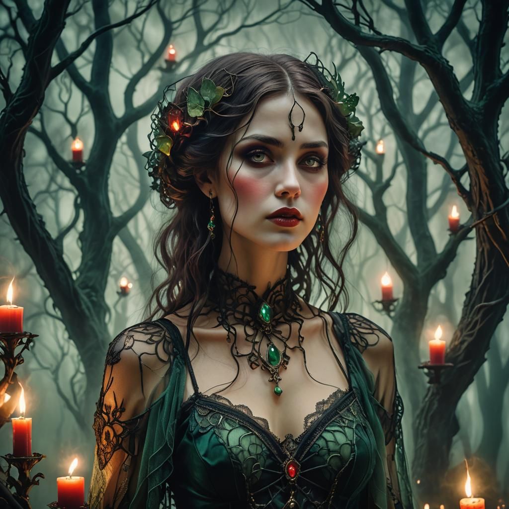Gothic Art Nouveau Woman with Candles Portrait