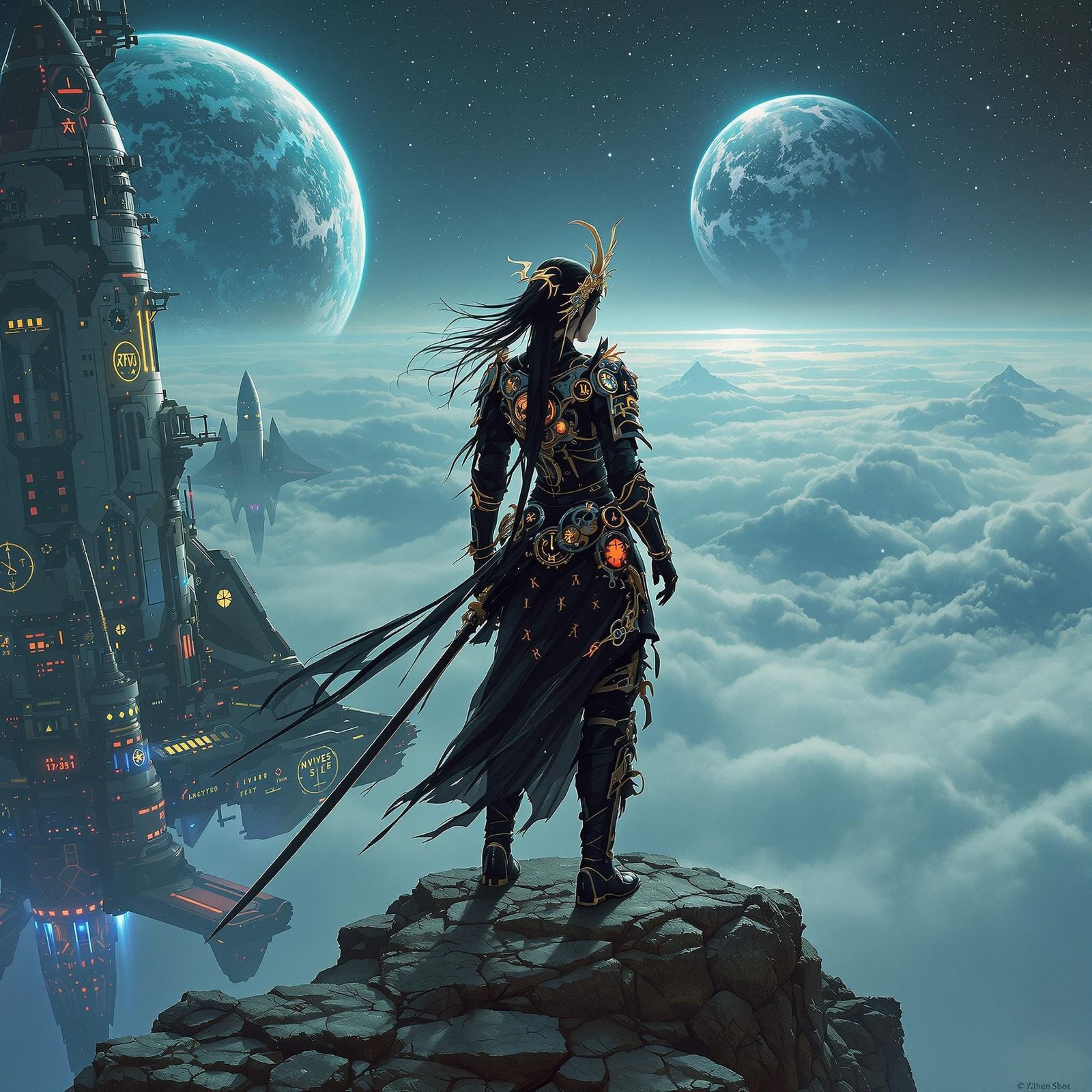 Gothic Samurai Warrior on Rocket Ship