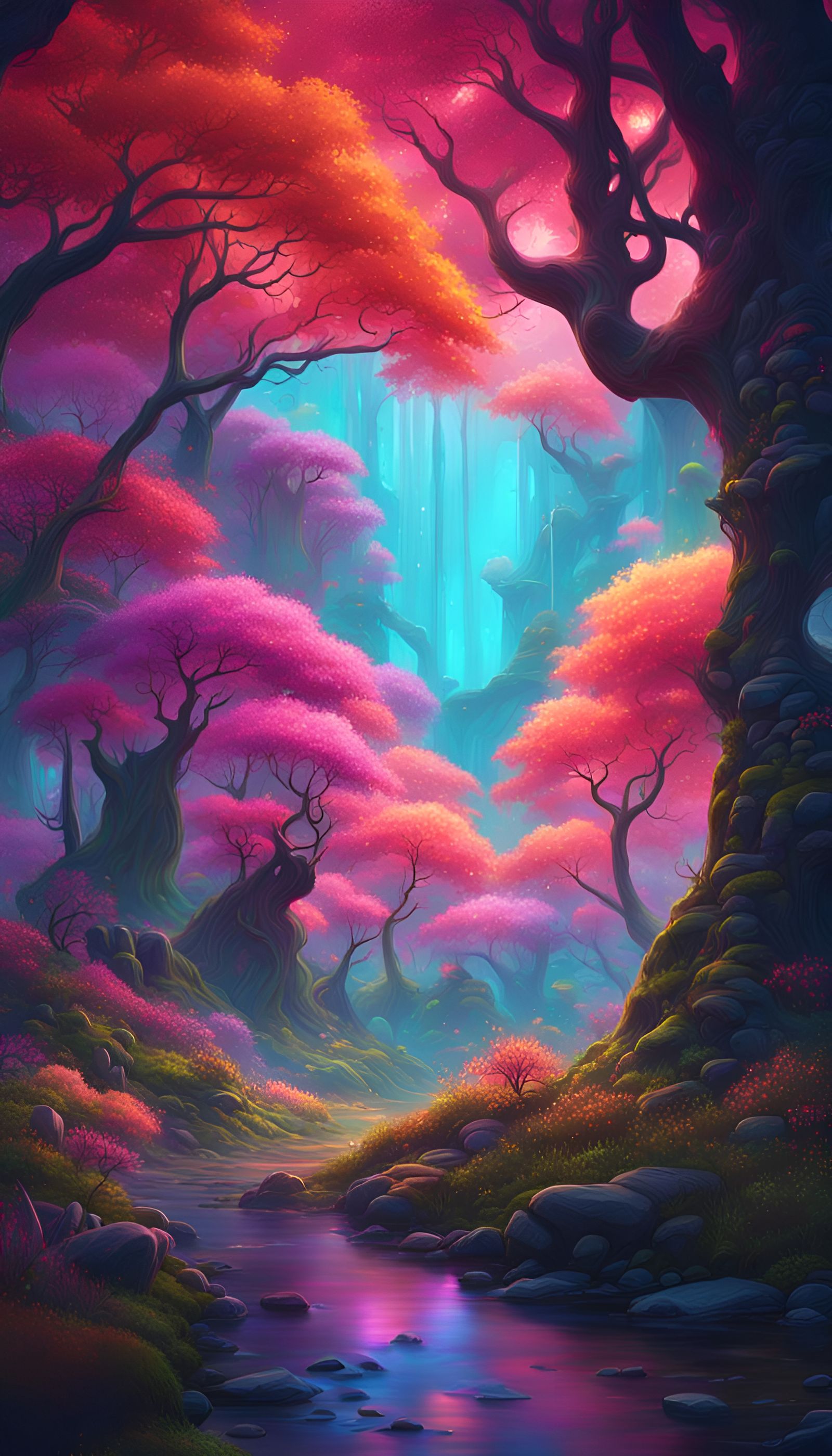 Enchanting Neon Forest Landscape in Detailed Matte Painting