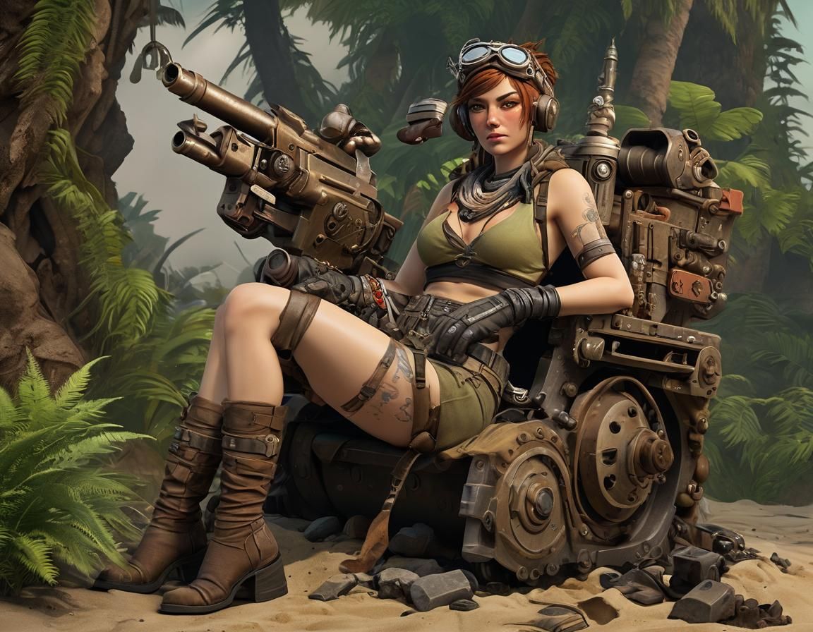 Wasteland Queen with Scrap Gun, Leonora Carrington Style